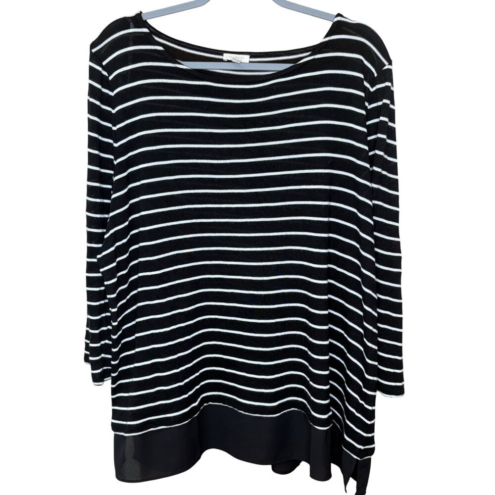 Talbots Womens Black White Striped Top 3X Sheer Hem 3/4 Sleeve Comfy Nautical